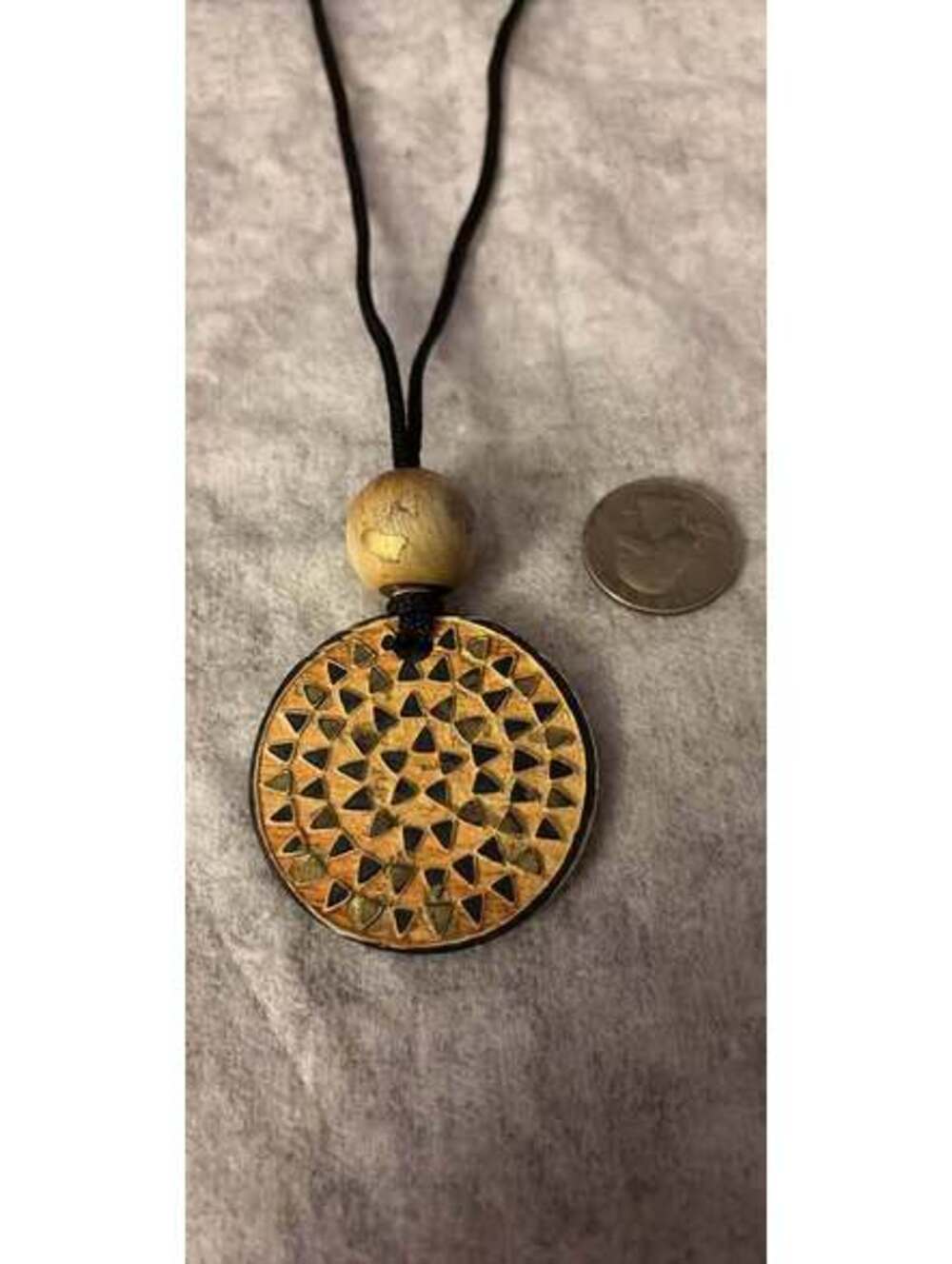 Geometric Wood Pendant Necklace with Star Pattern